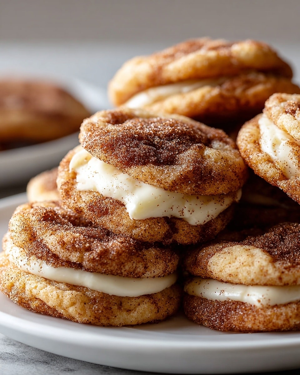 A white plate holds a pile of soft, round cookies, each with two main layers: the bottom layer is light golden-brown, soft-looking dough with a slightly puffy texture, and the top layer is a rich, dark brown swirl of cinnamon and sugar that looks grainy and crispy. Between these layers, creamy white frosting peeks out, melting slightly at the edges, adding a smooth contrast to the rough, cinnamon-coated cookie surface. The cookies are stacked on a white marbled surface, and the front cookie is in sharp focus showing detailed textures while the others blur softly in the background. Photo taken with an iphone --ar 4:5 --v 7