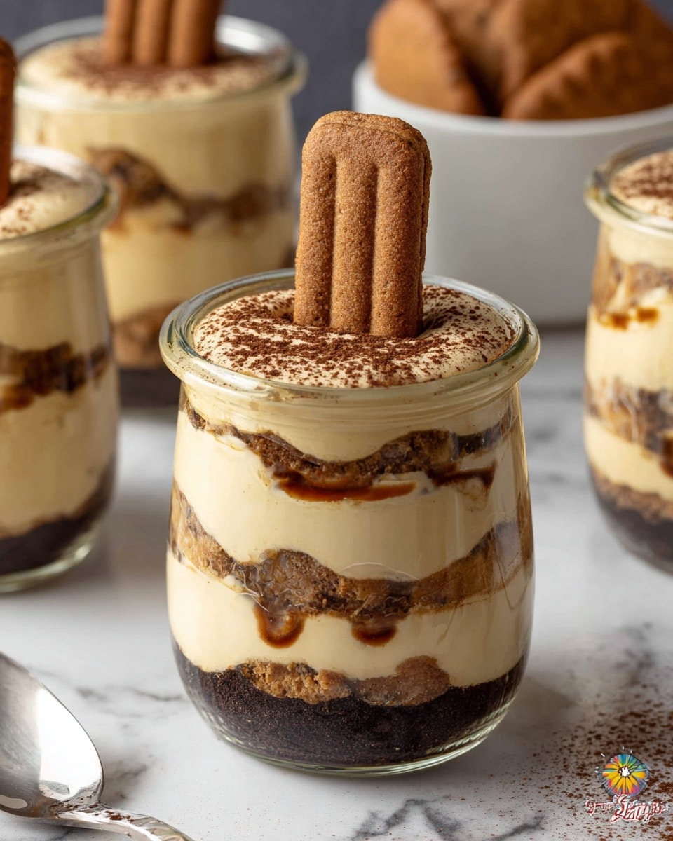 A clear glass jar filled with a layered dessert starting with a dark brown cookie crumb base at the bottom, followed by a thick creamy beige layer, then a middle layer of soaked cookie pieces mixed with chocolate syrup, topped with a smooth pale yellow custard layer, dusted with cocoa powder near the top, and finished with a single rectangular brown spiced cookie standing upright in the jar. The jar sits on a white marbled surface with a blurred background of similar jars and a white bowl with more cookies nearby. Photo taken with an iphone --ar 4:5 --v 7