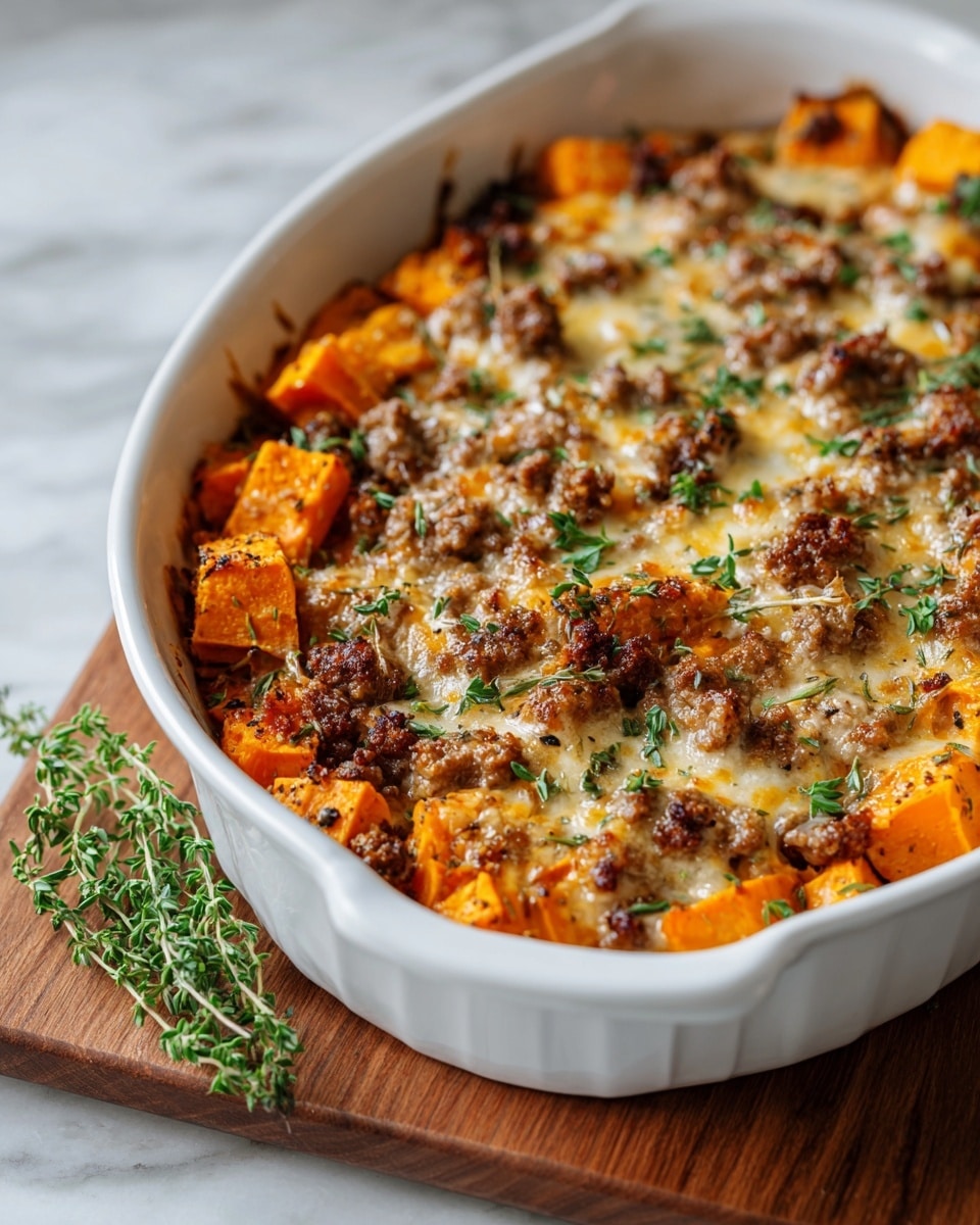 A white casserole dish filled with a baked layered dish, the bottom layer is bright orange roasted sweet potato cubes, topped with small browned pieces of ground meat. A layer of melted, golden cheese covers the meat, with some parts browned from baking. Small green herb leaves are sprinkled on top, and a small sprig of fresh green herbs rests on the surface, adding color and freshness. The dish sits on a wooden board over a white marbled texture. Photo taken with an iphone --ar 4:5 --v 7