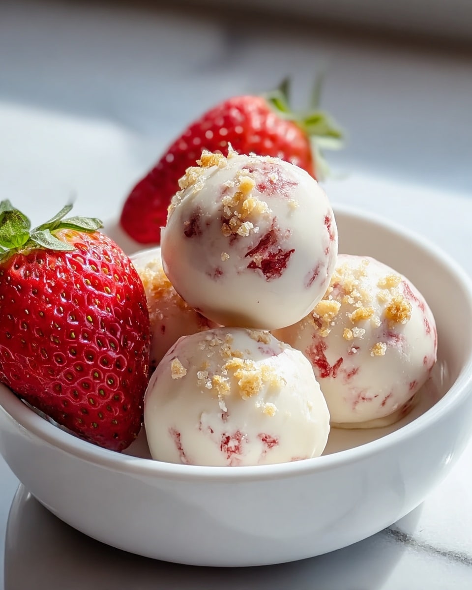 The image shows five round pink dessert balls with a crumbly texture, studded with small white bits and red pieces, arranged closely together on a white plate. Each ball is rough and uneven, with visible granules that give a crunchy look. There are also fresh red strawberries with green leaves placed around the balls on the edge of the plate. The background features a soft, out-of-focus white marbled texture that highlights the colors of the sweets. photo taken with an iphone --ar 4:5 --v 7