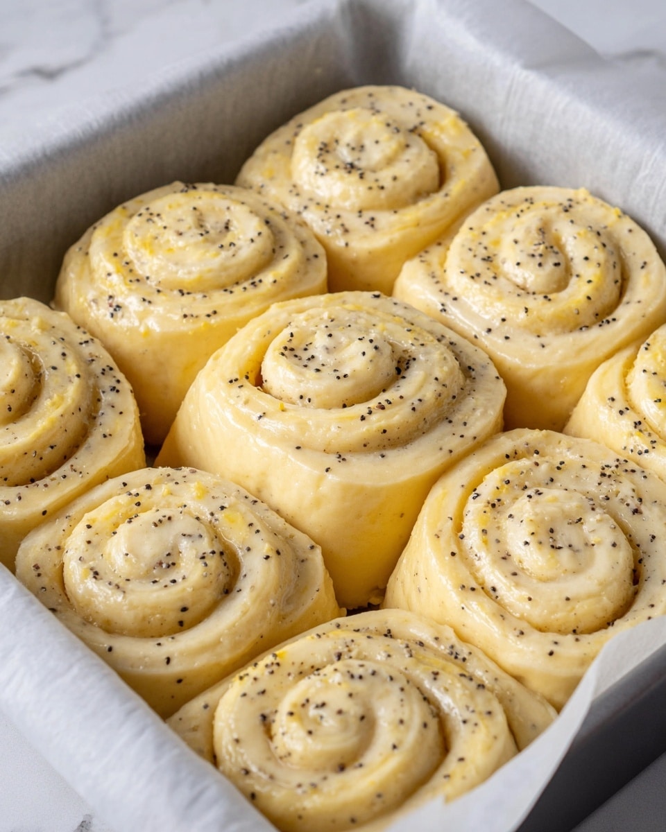A close-up of twelve pale yellow dough rolls in a baking pan lined with white parchment paper, each roll showing a spiral shape with small black poppy seeds evenly scattered throughout the dough; the dough looks soft and slightly shiny, as if brushed with butter, and the rolls are placed snugly next to each other, filling the entire pan, all set on a white marbled surface photo taken with an iphone --ar 4:5 --v 7