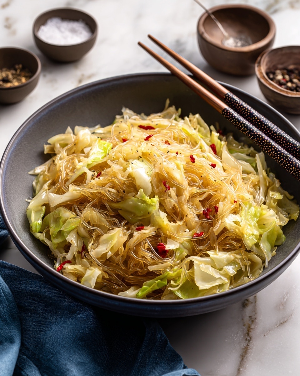 The dish shows a single layer of dark brown, glossy glass noodles that are soft and slightly tangled, mixed with light green and pale white pieces of cooked cabbage, roughly chopped and unevenly spread across the plate. Scattered within the noodles and cabbage are small pieces of dried red chili peppers adding pops of red color. The food is served in a deep white bowl with a slightly rough texture, placed on a white marbled surface with a pair of wooden chopsticks resting on the left side. Photo taken with an iphone --ar 4:5 --v 7
