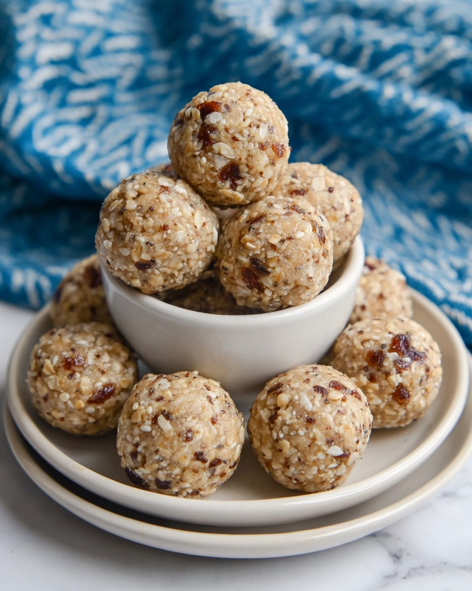 A close-up view of several small round energy balls with a rough texture, showing bits of brown dates and white seeds inside. The balls are stacked in a small white bowl placed in the center of a larger white plate, which rests on another white plate, all set on a white marbled surface. The balls have a light beige color mixed with darker brown spots, and their uneven surface shows the coarse ingredients. In the background, a blue cloth with a white zigzag pattern is slightly visible. photo taken with an iphone --ar 4:5 --v 7
