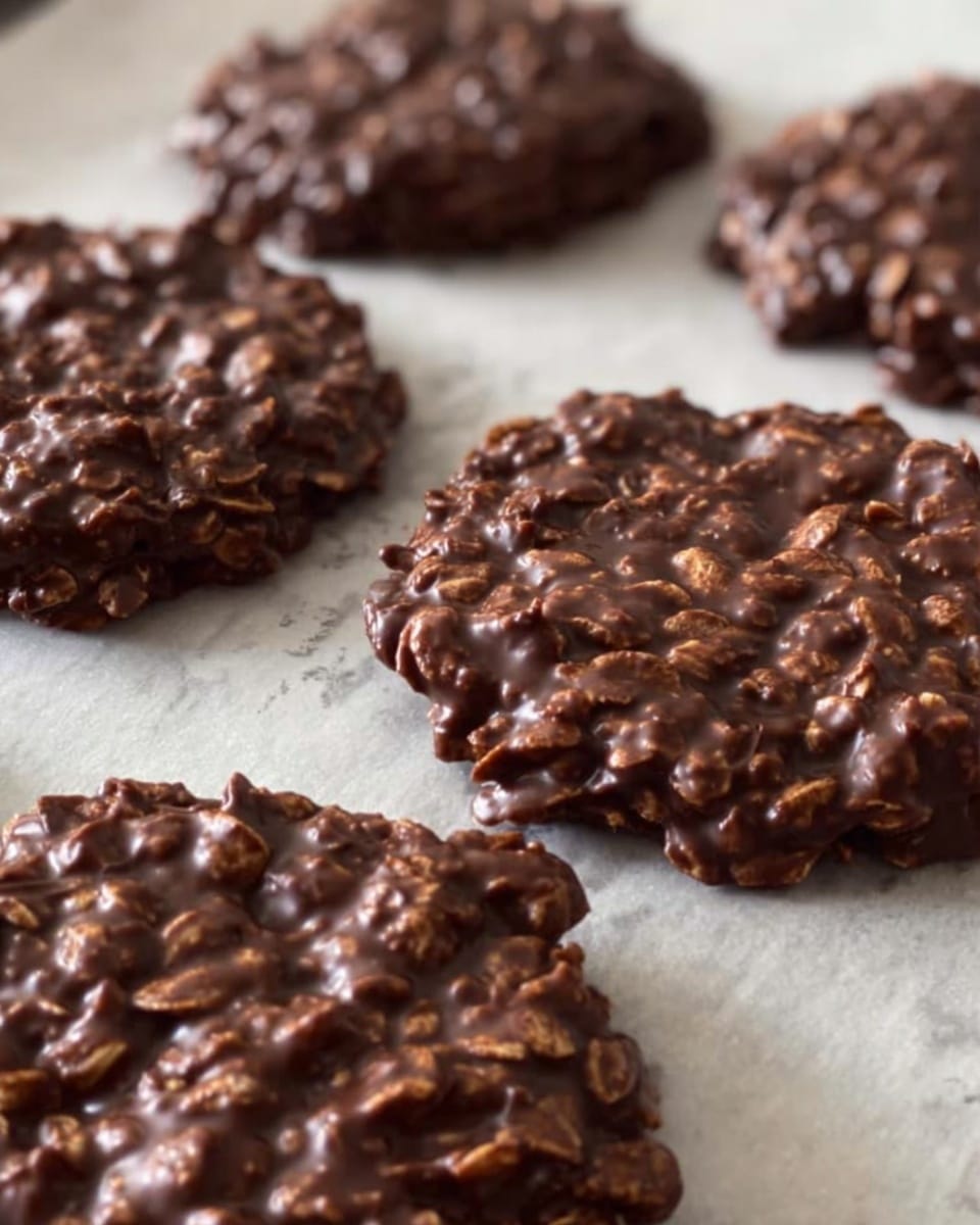 The image shows several dark brown no-bake cookies with a rough, uneven surface texture caused by oats mixed into the chocolate base; the cookies are flat and spread out in irregular round shapes, lying on a sheet of parchment paper over a white marbled texture. The cookies appear glossy and thick, with the oats creating small bumps visible throughout the surface. Photo taken with an iphone --ar 4:5 --v 7