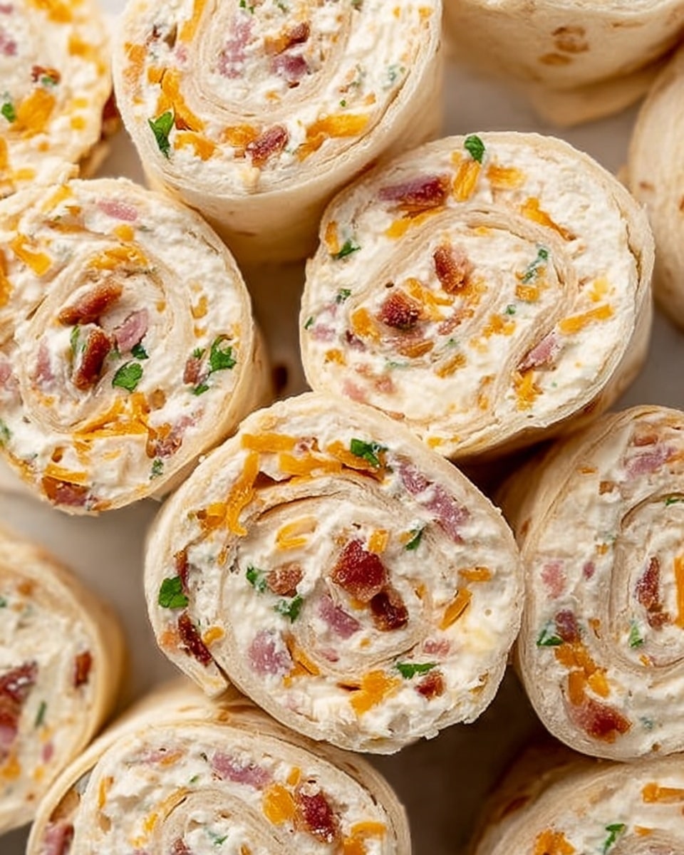 The image shows close-up of several rolled tortilla pinwheels laid closely together on a white marbled surface. Each pinwheel has a soft, light beige outer tortilla layer wrapped around two inner layers: a creamy white filling mixed with small pieces of bright orange shredded cheese and tiny bits of pinkish-red bacon. Small green herb flecks are scattered throughout the filling, adding dots of color. The texture looks soft and creamy inside with a smooth tortilla wrapping, and the pinwheels are cut evenly, showing clear spiral layers. The lighting highlights the fresh and rich appearance of the snack. photo taken with an iphone --ar 4:5 --v 7