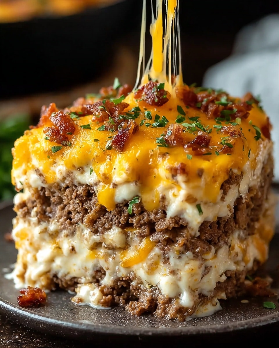 The image shows a thick slice of layered casserole with four layers. The bottom layer is creamy and cheesy with a soft texture. The second layer is crumbly cooked ground beef in a brown color. The third layer repeats the creamy cheese mix similar to the first. The top layer is melted bright yellow cheddar cheese with some green herb pieces scattered on top and small bits of cooked bacon. Cheese strands stretch from the top showing it is hot and gooey. The dish is served on a dark plate with a white marbled surface under it, and there is no visible hand in the picture. photo taken with an iphone --ar 4:5 --v 7