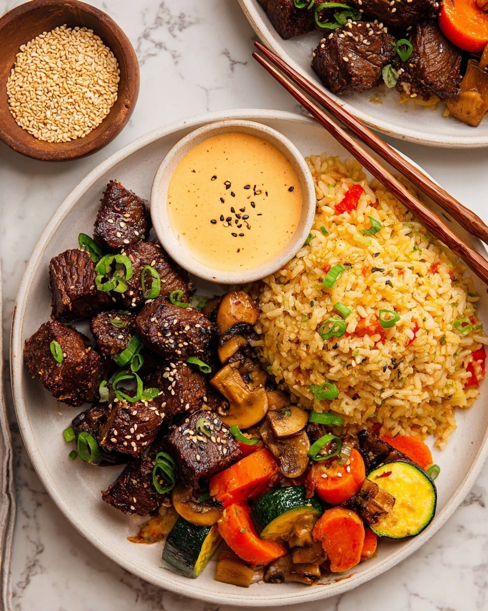 A white round plate holds four main sections: on the left, there are dark brown, bite-sized beef cubes topped with sesame seeds and chopped green onions; next to it on the right, there is a mound of golden fried rice mixed with small pieces of red and orange vegetables and scattered green onion bits; below the rice, there is a colorful mix of sautéed vegetables including orange carrot slices, green zucchini chunks, and browned mushroom slices all glazed slightly; in the middle of the plate, a small bowl with light orange creamy sauce speckled with black pepper rests; a pair of brown wooden chopsticks rests diagonally on the plate’s edge. The dish is set on a white marbled surface with a small brown bowl of sesame seeds nearby. Photo taken with an iphone --ar 4:5 --v 7