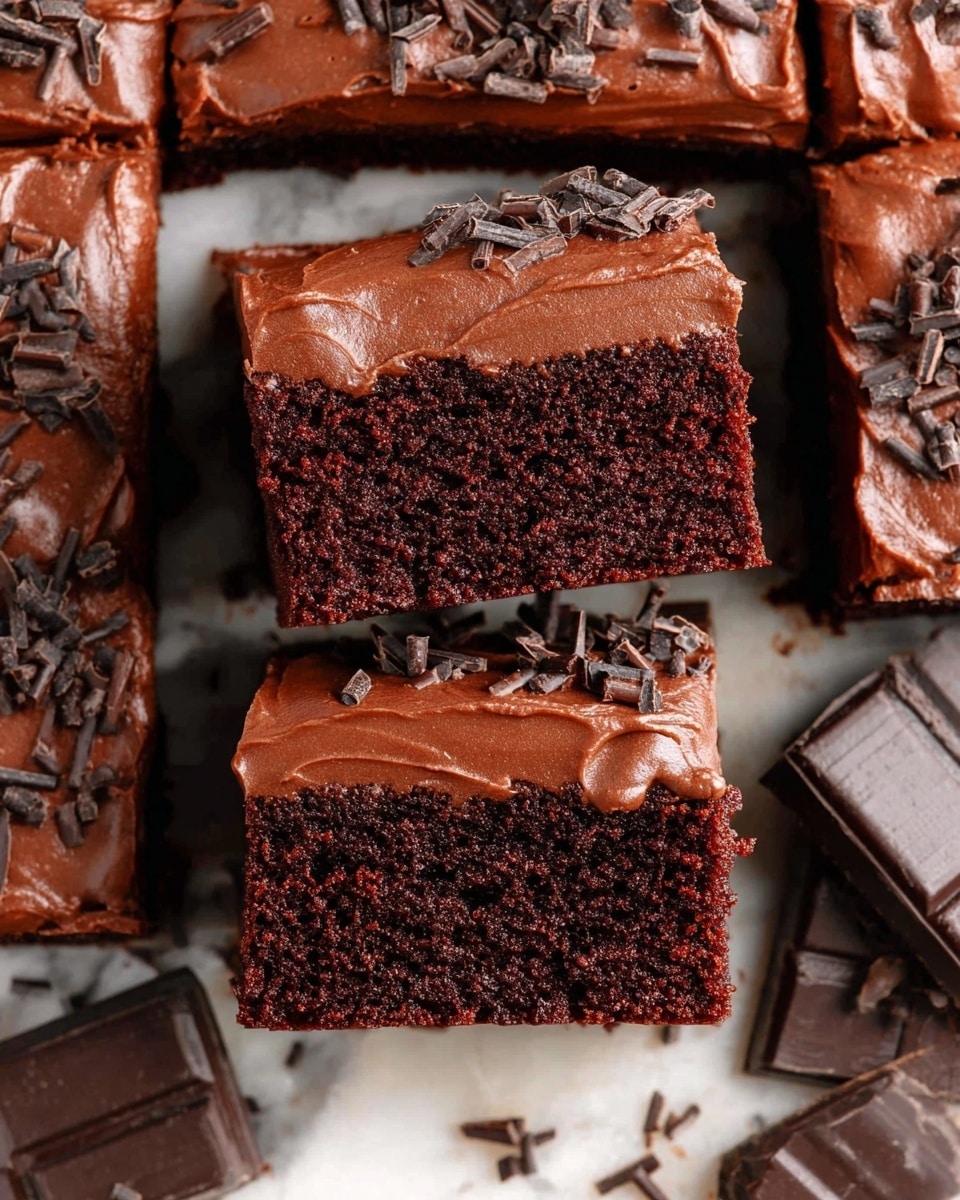 A close-up top view of a batch of chocolate brownies cut into squares with two pieces stacked on top, showing three layers in each brownie: a dense, dark brown, moist cake base with a soft texture; a thick, smooth, shiny layer of rich chocolate frosting on top; and scattered small dark chocolate shavings adding texture and decoration. The brownies sit on a white marbled surface with a few pieces of dark chocolate bars placed nearby, enhancing the chocolate theme. photo taken with an iphone --ar 4:5 --v 7