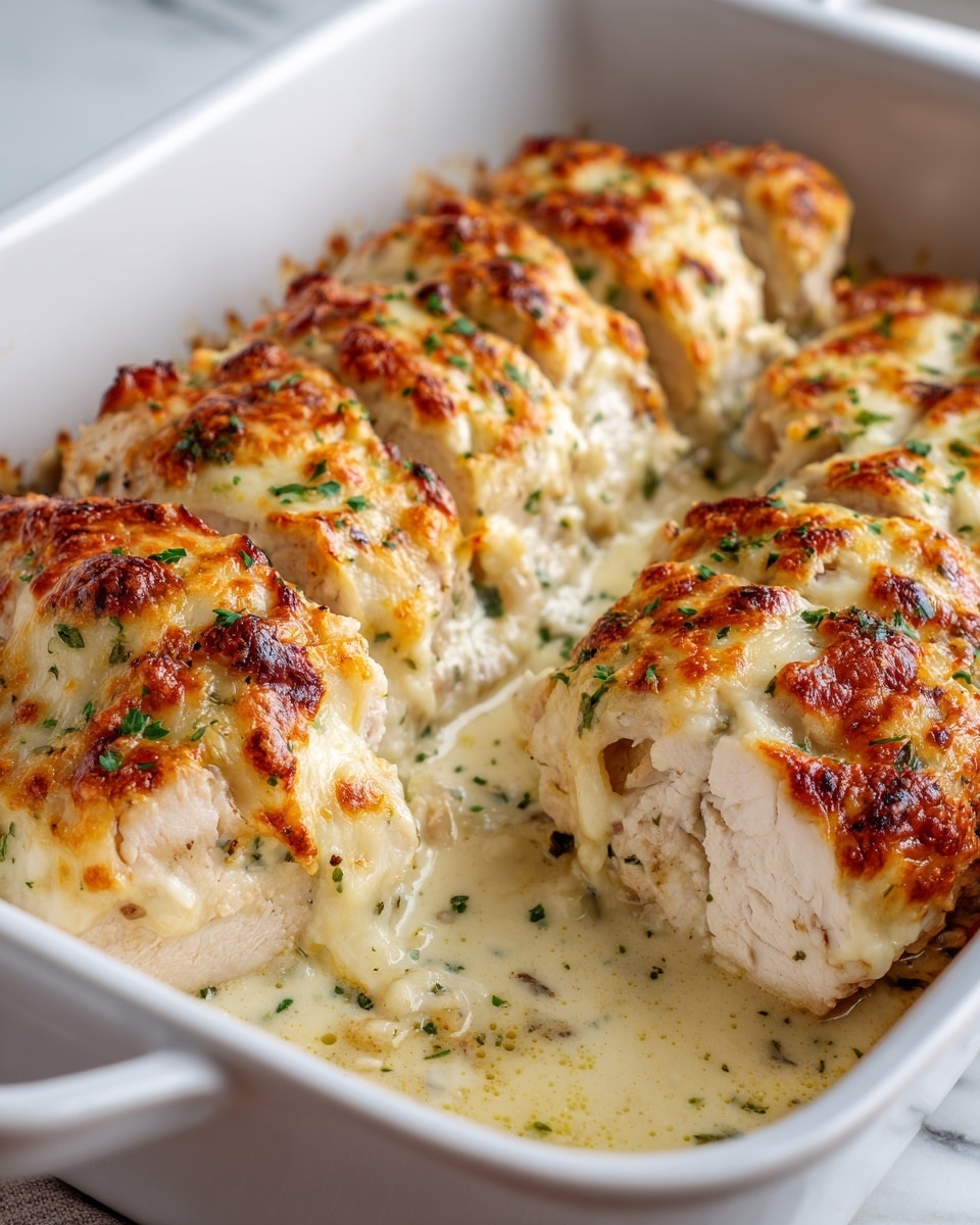 A white baking dish holds sliced baked chicken breasts with a golden-brown crispy cheese crust on top, sprinkled with small bits of green herbs. The dish shows 6 thick slices arranged side by side, each slice covered with a browned, bubbly melted cheese layer that looks creamy and slightly browned in places, revealing white tender chicken inside. The sauce at the bottom is creamy with a light yellow color and some herbs mixed in. The white marbled surface beneath the baking dish adds a clean and soft contrast. photo taken with an iphone --ar 4:5 --v 7