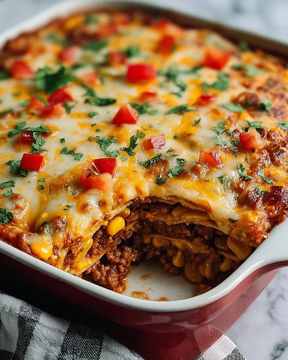 A close-up of a baked layered dish in a white dish with a red outer side, featuring at least three visible layers: the bottom layer is a crispy tortilla base with some corn pieces, the middle layer is a thick, brown ground meat sauce mixed with corn, and the top layer is melted, golden and white cheese with small pieces of red tomato and green cilantro scattered across it. The edges of the dish show a mix of the melted cheese and toppings, creating a rich texture. The dish is placed on a white marbled surface with a grey and white checkered cloth partly visible underneath. Photo taken with an iphone --ar 4:5 --v 7