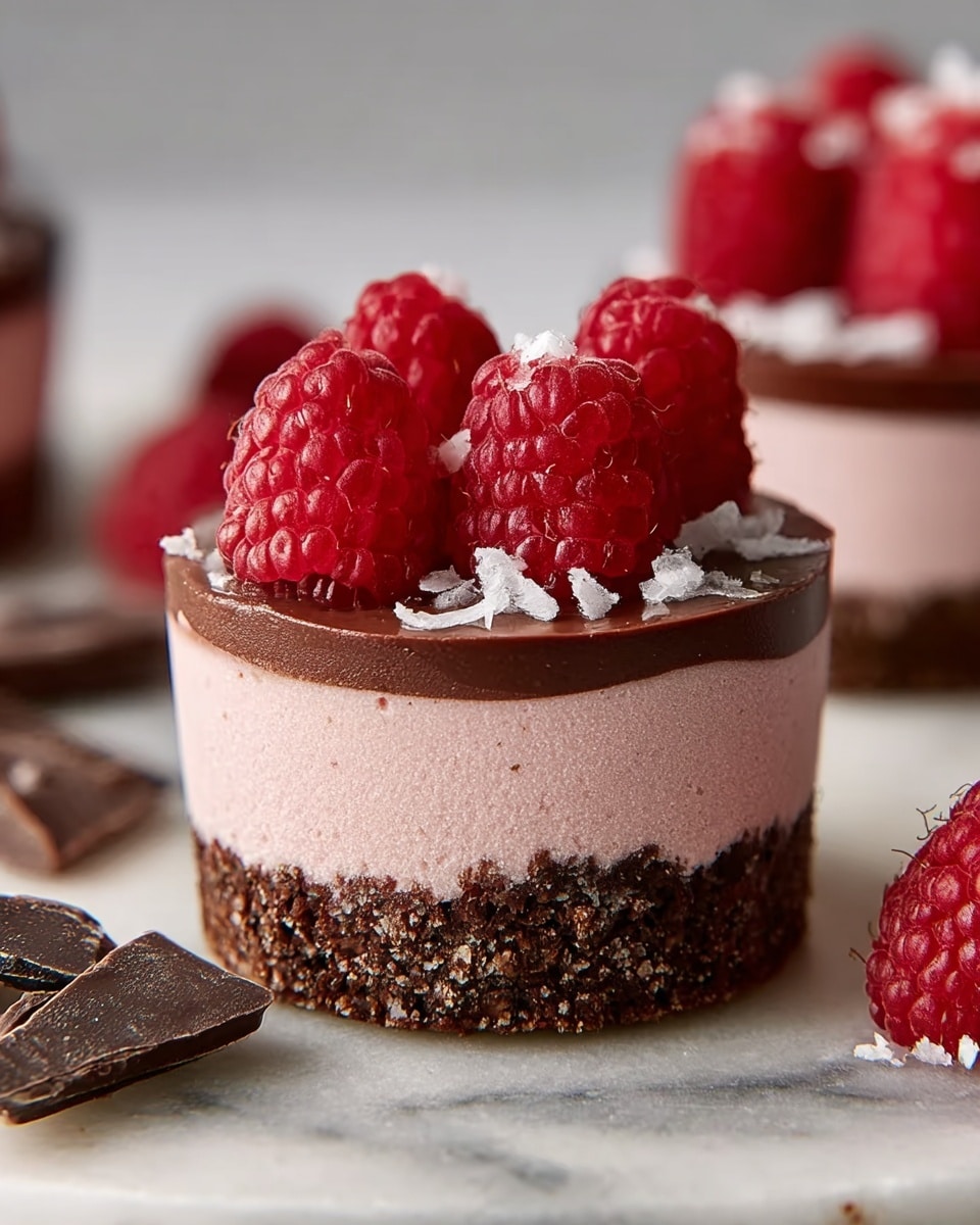 The image shows a small, round dessert with three visible layers placed on a white marble surface. The bottom layer is dark brown and crumbly, likely a chocolate or nut crust with a rough texture. Above it is a thick, smooth pale pink middle layer, possibly a mousse or cream. The top layer is thinner, a glossy, dark chocolate mousse or ganache that is slightly uneven around the edges. On top, there are several fresh, bright red raspberries, with small white flakes scattered around them, adding a touch of contrast and texture. Pieces of dark chocolate and more raspberries surround the dessert on the marble surface. photo taken with an iphone --ar 4:5 --v 7