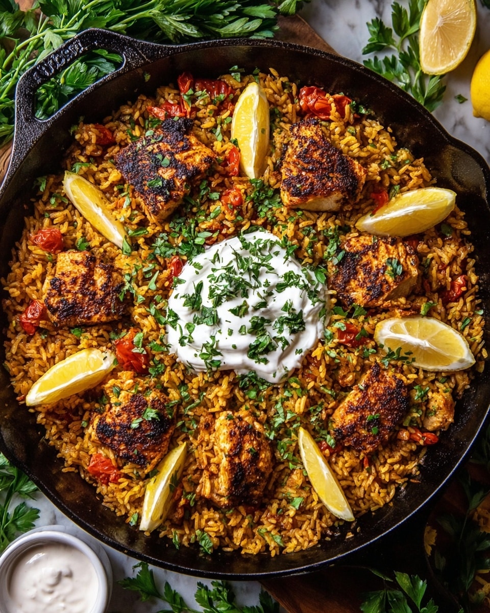 The image shows a black cast iron skillet filled with one main layer of yellowish-brown spiced rice mixed with small red tomato pieces. On top of the rice layer, there are several chunks of grilled chicken with a crispy, dark brown outer texture spread evenly all around. Lemon wedges with a bright yellow color are placed both on the rice and along the edge of the skillet. At the center, there is a dollop of white creamy sauce garnished with green chopped fresh herbs, which are scattered lightly across the whole dish. The skillet is set on a white marbled surface, surrounded by fresh green herbs and a small white bowl of extra sauce on the side. photo taken with an iphone --ar 4:5 --v 7