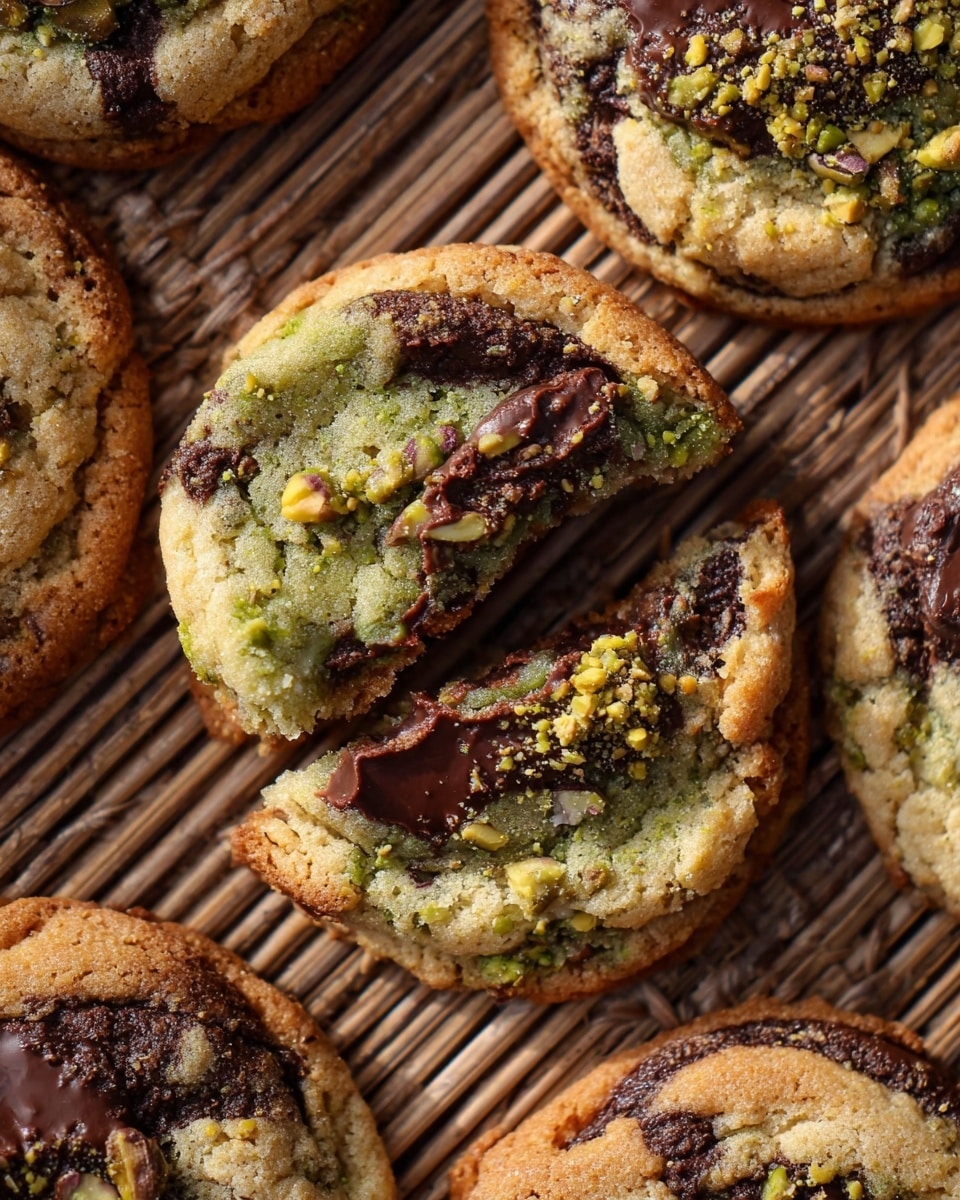 A close-up view of several round cookies on a rattan surface, each cookie having a golden brown outer layer with a soft, slightly irregular texture. The cookies have melted dark chocolate patches mingled with creamy green pistachio swirl layers on top, sprinkled with small bits of crushed pistachios. One cookie is broken in half, showing the soft, gooey inside with glossy melted chocolate and creamy green pistachio parts. The light shines softly on the cookies, highlighting their varied textures and colors. photo taken with an iphone --ar 4:5 --v 7