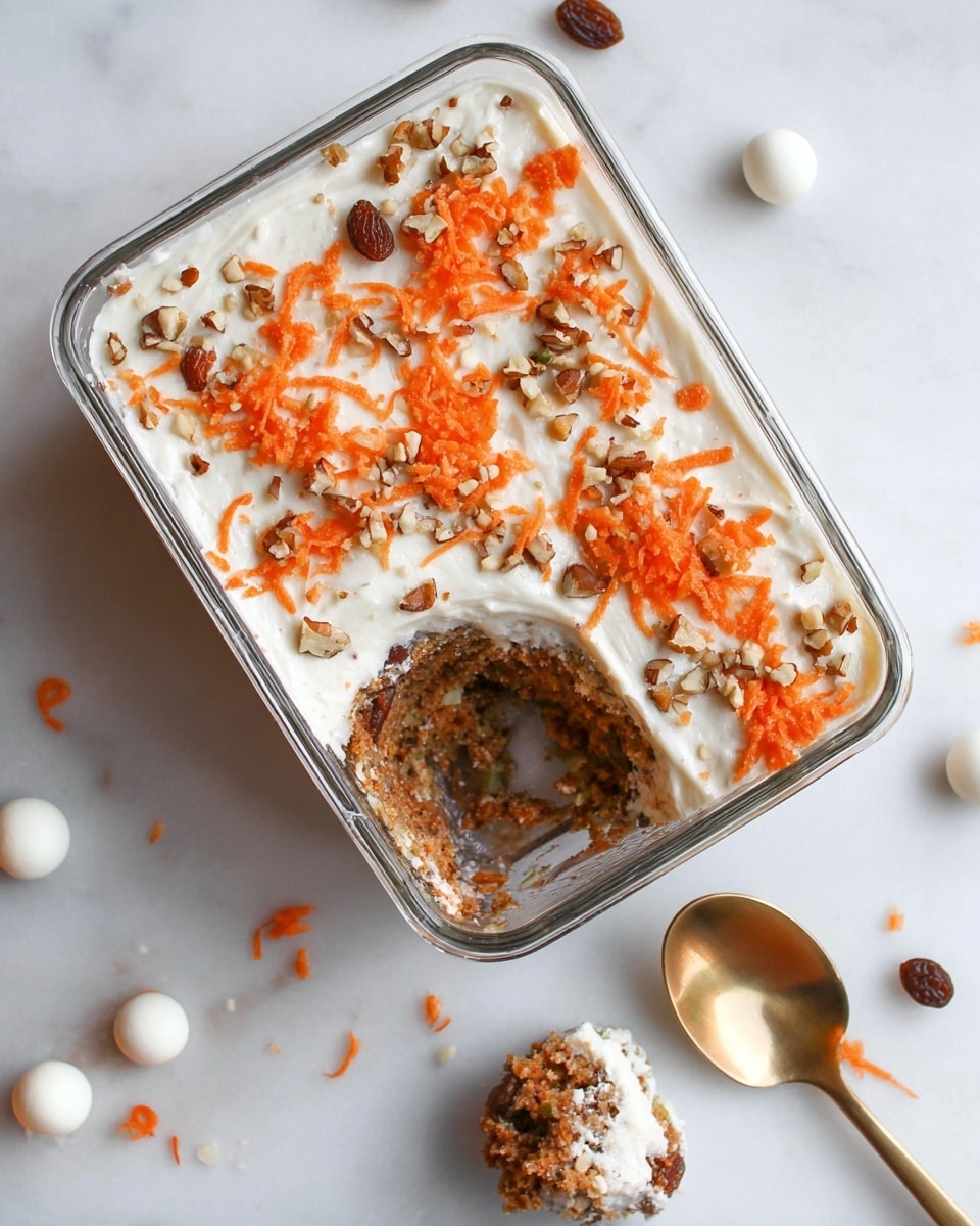 A rectangular glass dish contains a layered carrot cake dessert with a smooth white cream layer on top sprinkled with bright orange shredded carrot and chopped brown nuts. The middle layer is a chunky, moist carrot cake mixture visible through a scoop taken from the center. Scattered around the dish on a white marbled surface are some raisins and white candy-like spheres. To the right, a golden spoon holds a piece of the dessert showing the same layers. The lighting is soft and natural. photo taken with an iphone --ar 4:5 --v 7