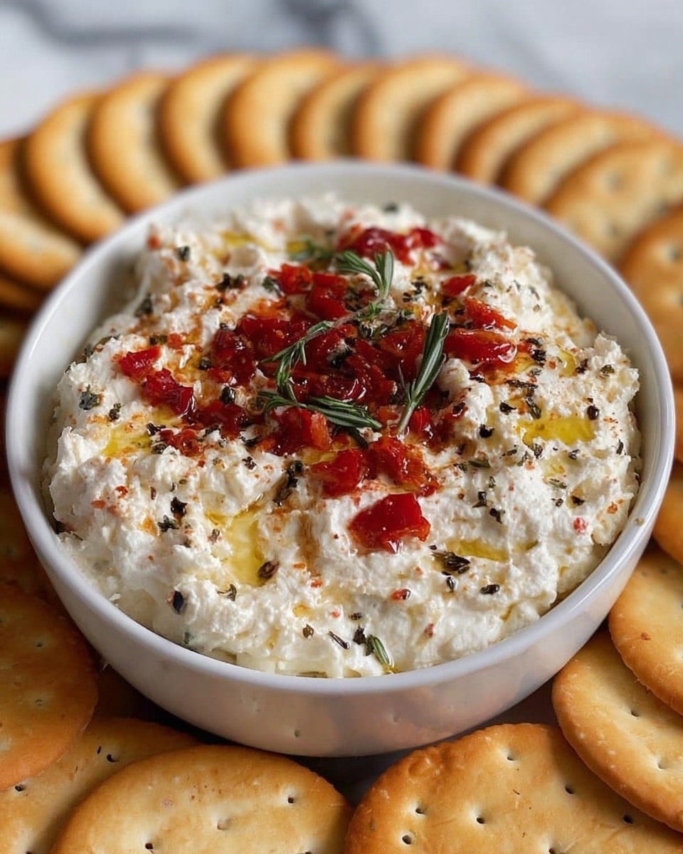 A white bowl filled with a creamy white cheese dip that has a slightly rough texture, topped with small red chunks of roasted red peppers, green sprigs of fresh herbs, and a light sprinkle of ground black pepper and brown spices. The dip has small pools of golden olive oil shining on the surface. The bowl is placed on a round arrangement of golden-brown round crackers with small holes, all set on a white marbled texture. Photo taken with an iphone --ar 4:5 --v 7