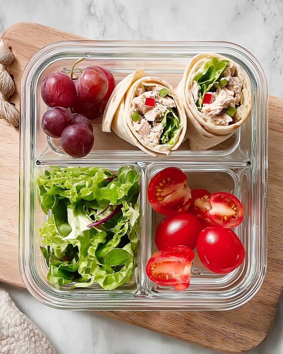A clear glass divided lunchbox sits on a wooden board over a white marbled texture surface, showing four sections of food. The top right section has two tortilla wraps filled with light-colored tuna, green lettuce, and small pieces of red pepper, cut to show the layered fillings inside. The bottom left section contains a fresh green salad with mixed leafy greens and two halved cherry tomatoes with bright red flesh on top. The top left section has deep red grapes and halved strawberries showing their red interiors, creating a contrast between the fruits. Photo taken with an iphone --ar 4:5 --v 7