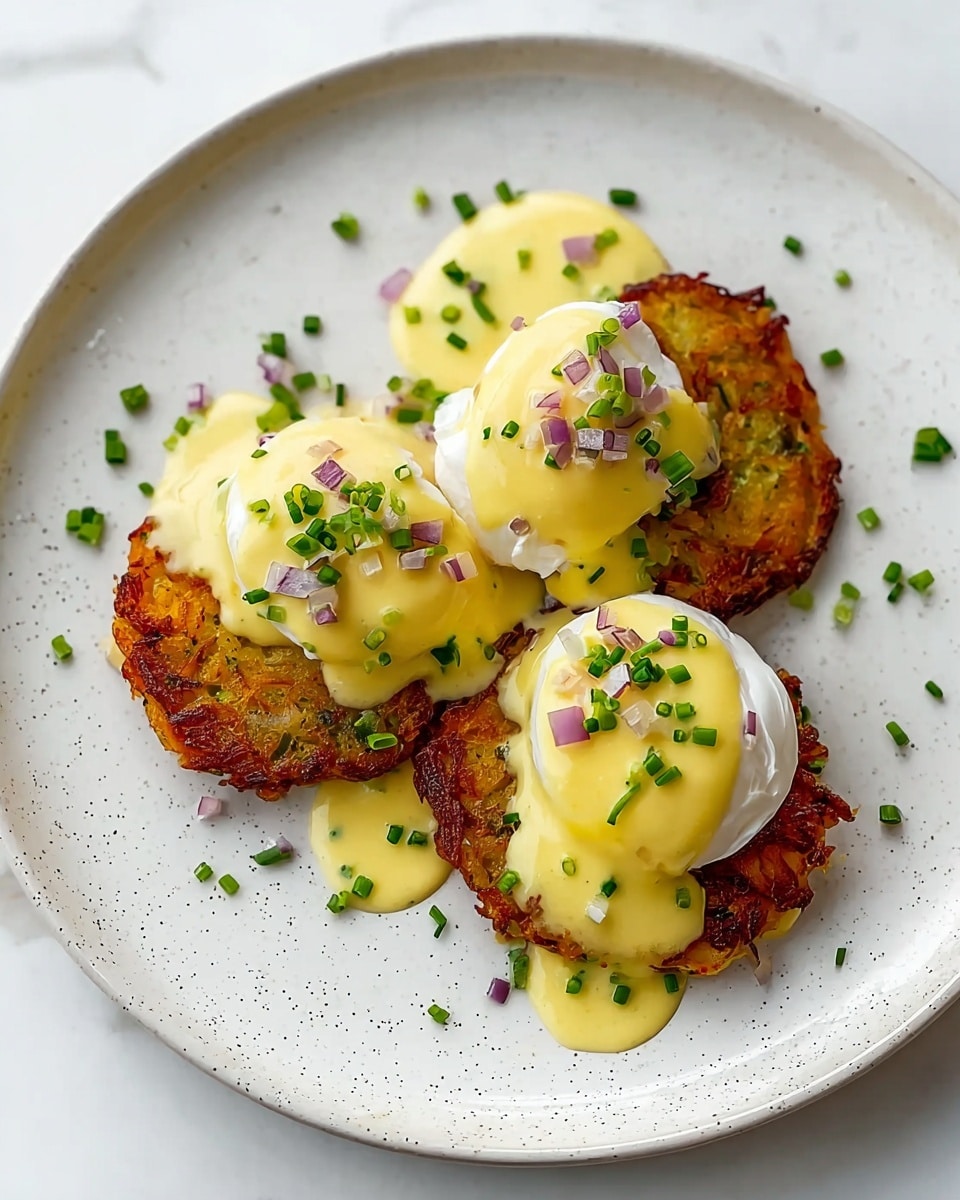 The dish shows three crispy brown potato cakes as the base layer, each topped with a smooth white poached egg as the second layer. A creamy yellow hollandaise sauce drizzles generously over the eggs and potato cakes, forming the third layer. Small bits of green chives and some finely chopped purple onions add color and texture on top, scattered evenly on the sauce and around the plate. The food sits on a round white plate with a subtle speckled texture, all placed on a white marbled surface. Photo taken with an iphone --ar 4:5 --v 7