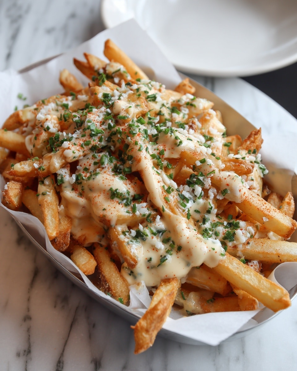 A white paper-lined tray is filled with golden brown French fries, each fry crispy with a slightly rough texture. A creamy, light orange cheese sauce is thickly drizzled over the fries, covering many of them unevenly. Small green chopped herbs are sprinkled all over the dish, adding bright spots of color. A fine red seasoning dusts the top, giving the fries an extra layer of flavor and color contrast. The entire tray sits on a white marbled surface with parts of a round white dish visible in the background. photo taken with an iphone --ar 4:5 --v 7