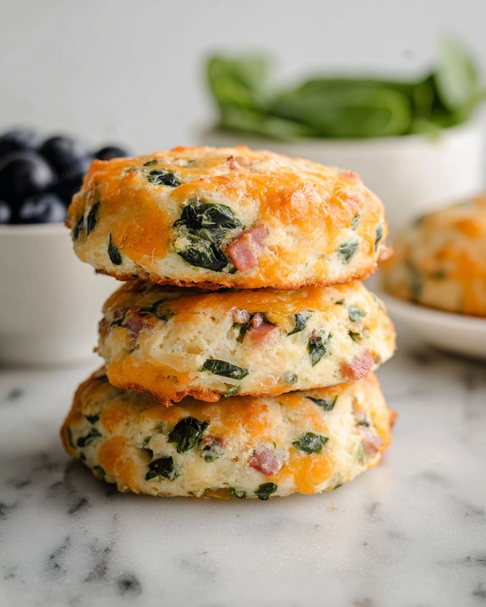 A stack of three round, thick biscuit-like scones sits centered on a white marbled surface, each scone showing a golden-brown crust with visible bits of orange cheddar cheese, green leafy spinach, and small pink chunks of ham mixed throughout the creamy, soft-textured dough. The background softly blurs a white bowl filled with dark blueberries and another bowl with leafy greens, enhancing the focus on the warm, hearty scones. Photo taken with an iphone --ar 4:5 --v 7