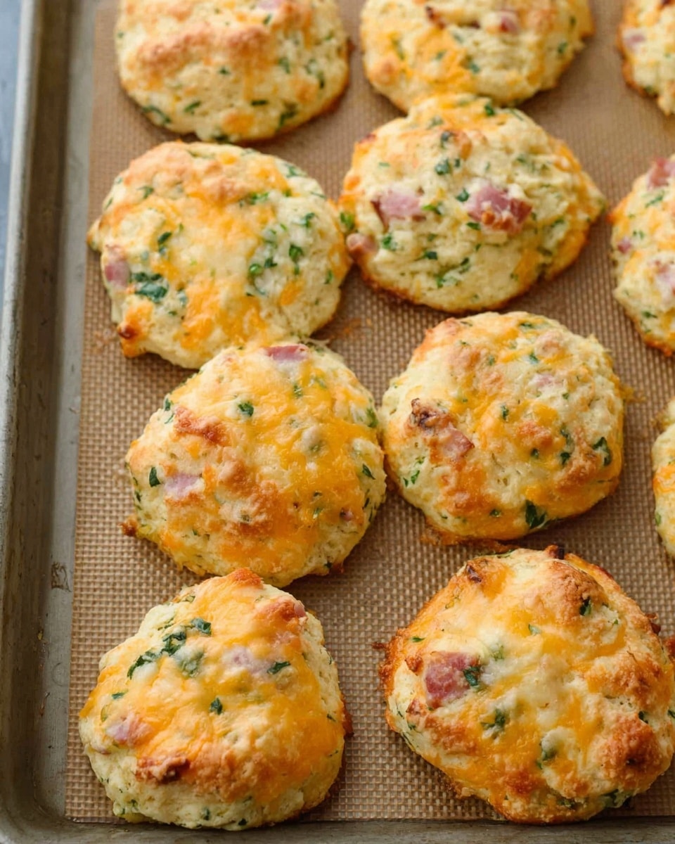 The image shows a baking tray filled with nine round, golden-brown biscuits each about two layers thick. The biscuit dough is light tan with green herb pieces mixed in, and orange shredded cheese melting both inside and on top, creating a gooey texture. Small pinkish ham bits are scattered throughout the biscuits, adding flecks of color. The biscuits look fluffy and slightly irregular in shape, placed on a light brown silicone baking mat that covers the tray. Photo taken with an iphone --ar 4:5 --v 7