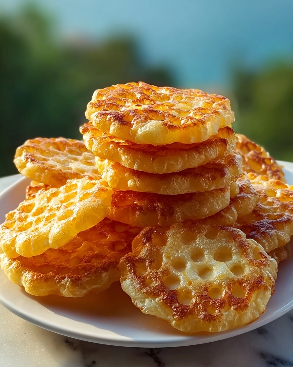 A stack of round, golden-brown fried snacks with a honeycomb pattern on the surface is placed on a white plate. Each piece has a slightly puffed texture with a mix of light yellow and crispy brown spots, showing a delicate crispness. The snacks are layered unevenly, with some stacked on top of others, creating depth and a slight shadow effect. The background is softly blurred with green and blue hues, suggesting an outdoor setting. The plate sits on a white marbled surface, enhancing the warm tones of the food. photo taken with an iphone --ar 4:5 --v 7