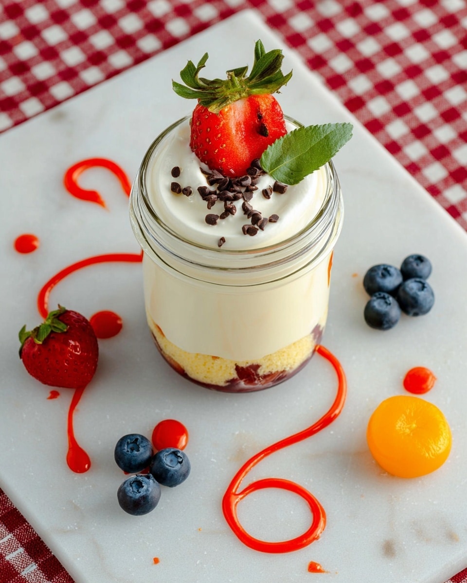 A glass jar contains a layered dessert with a bottom layer of white cream, a middle layer of sponge cake, and a top thick layer of smooth white cream. On top, there is a half strawberry, a small green leaf, a sprinkling of small dark chocolate chips, and a single blueberry. Around the jar on a white marbled surface, there are several fresh blueberries, a whole strawberry, a small orange fruit, and two swirls of bright red sauce. The surface is placed on a red and white checkered cloth. photo taken with an iphone --ar 4:5 --v 7