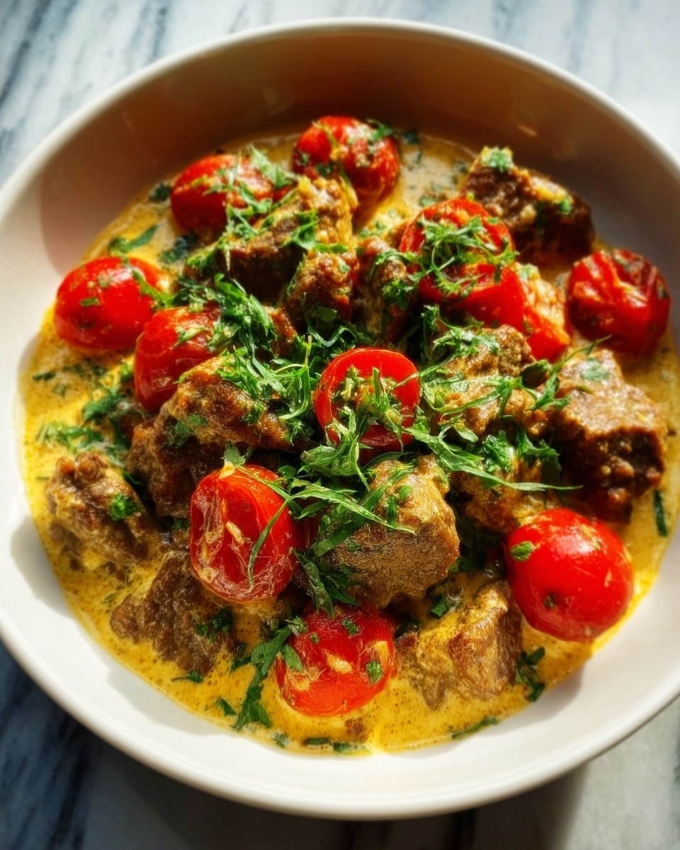 The image shows a white bowl filled with a creamy dish featuring chunks of brown meat covered in a thick yellow sauce. Bright red cherry tomatoes are scattered throughout, adding pops of color. Fresh green herbs are sprinkled generously on top, giving a fresh, textured finish. The bowl is placed on a white marbled surface. Photo taken with an iphone --ar 4:5 --v 7