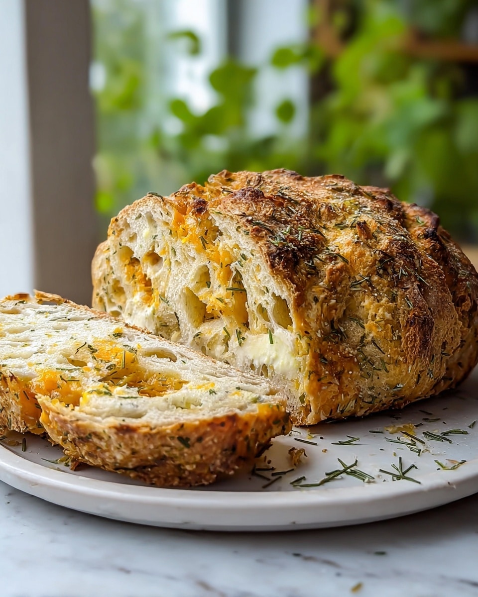 A rustic loaf of golden brown bread is sliced thick on a round white plate resting on a white marbled surface. The bread shows two main layers: a crispy outer crust with a rough texture sprinkled with herbs, and a soft, airy inside with embedded melted yellow and white cheese patches and scattered green herbs. The crumb looks moist and fluffy, with cheese oozing slightly between some slices. Small bits of herbs are also visible on the plate near the bread. In the background, blurred green leaves and a window bring natural light to the scene. Photo taken with an iphone --ar 4:5 --v 7