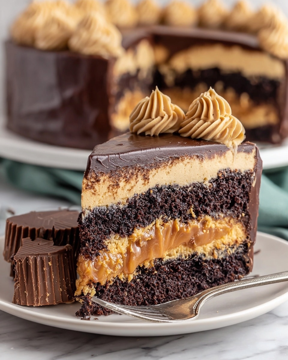 A slice of three-layer dark chocolate cake with two thick layers of creamy peanut butter frosting in between. The outside is covered in smooth peanut butter frosting with some piped swirls on the side, decorated with small pieces of chocolate peanut butter cups. The cake slice sits on a white plate with a white marbled texture surface in the background, and the whole cake is visible out of focus behind it. photo taken with an iphone --ar 4:5 --v 7