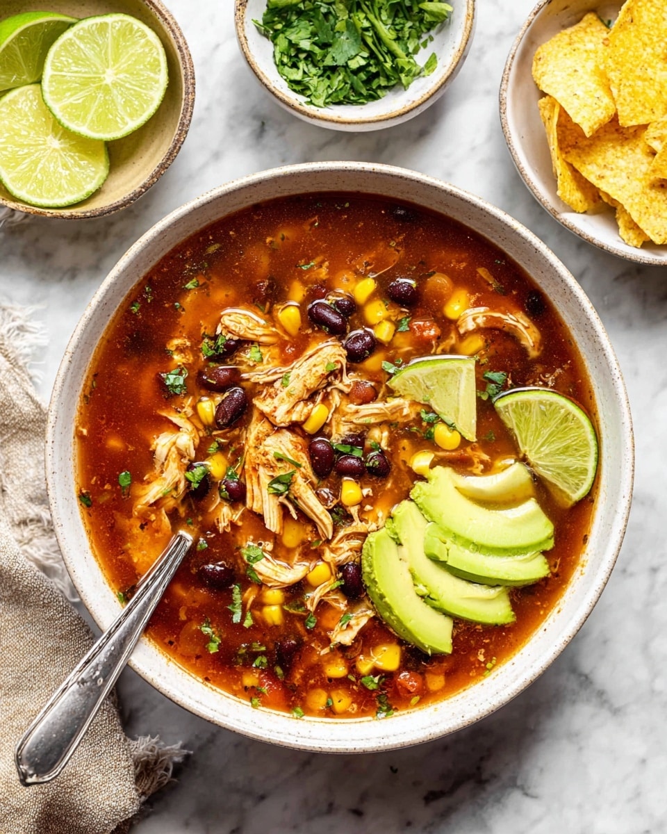 A white bowl filled with a rich reddish-brown soup containing shredded chicken, black beans, yellow corn, and small bits of onion, all mixed together in a brothy texture. On the top right edge of the bowl, there are three slices of avocado in light green with a smooth texture. Next to the avocado are two lime wedges with a bright yellow-green color. Small green chopped herbs are sprinkled lightly over the soup, adding a fresh touch. A silver spoon is resting inside the bowl on the left side, partially immersed in the soup. The bowl is placed on a white marbled surface, surrounded by smaller bowls: one with chopped cilantro, one with lime wedges, and one with light yellow tortilla chips. The overall presentation is colorful and fresh, with a mix of smooth and chunky textures. Photo taken with an iphone --ar 4:5 --v 7