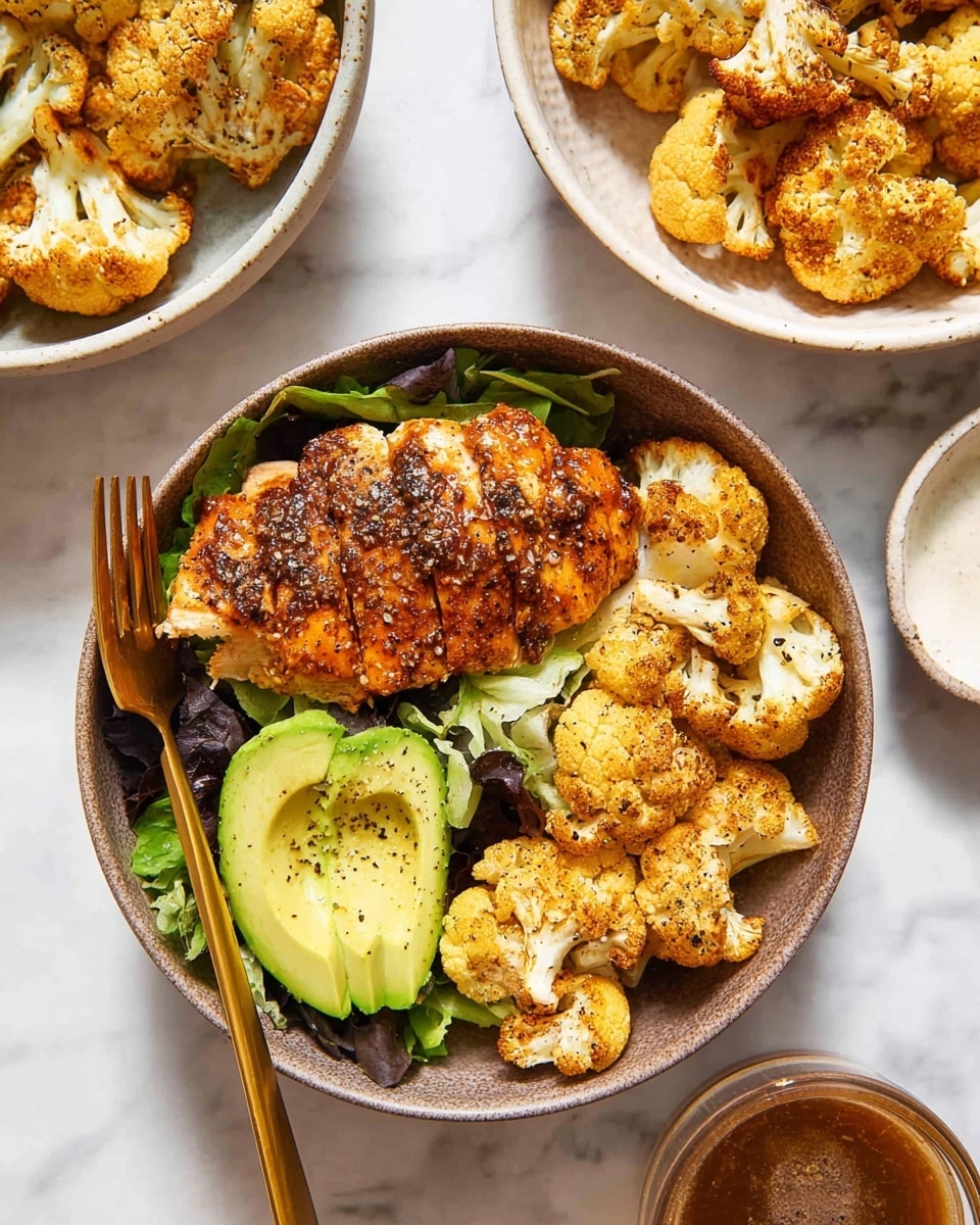 A white bowl holds three main layers of food: in the center, there is a large piece of golden-brown roasted chicken breast coated with spices that show dark specks and a shiny texture on top; on the left side, there are pieces of roasted cauliflower with a crispy, orange-brown surface; on the right side, there is a small salad made of fresh green spinach leaves, dark purple lettuce leaves, shredded white cheese, and slices of ripe green avocado arranged neatly. A golden fork partly rests on the cauliflower. The bowl is set on a white marbled surface with blurred bowls in the background. Photo taken with an iphone --ar 4:5 --v 7