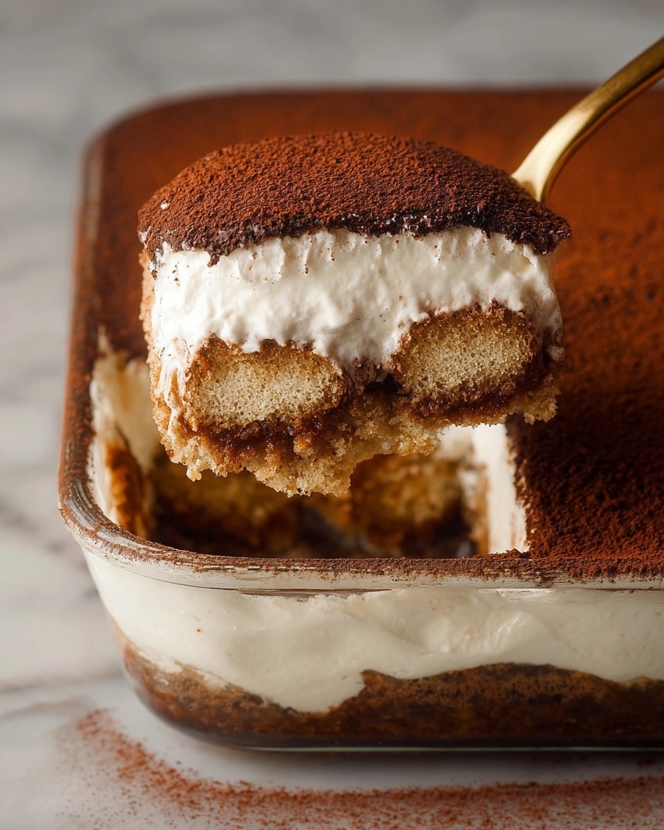 A close-up of a layered tiramisu dessert in a clear glass dish set on a white marbled surface, showing three visible layers: a bottom layer of light brown coffee-soaked sponge cake with a moist texture, a middle layer of smooth white creamy mascarpone filling, and a top thick dark brown layer of cocoa powder evenly dusted over white cream; a golden spoon lifts a portion, revealing the soft, crumbly cake and creamy layers underneath. Photo taken with an iphone --ar 4:5 --v 7