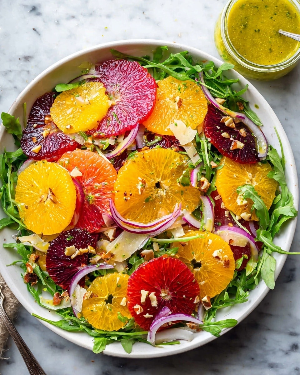 This image shows a colorful citrus salad in a white bowl on a white marbled surface. The salad has a base layer of fresh green arugula leaves, spread evenly and peeking out from under the top layers. On top of the greens, there are thin, round slices of various citrus fruits in bright yellow, orange, red, and deep purple colors, overlapping each other. Thin half-moon slices of red onion are scattered over the citrus layers, adding a light purple shade and a fine texture. Small pieces of chopped nuts are sprinkled on top, giving a crunchy look. At the top right, a small transparent cup filled with green-yellow dressing is partially visible. The photo taken with an iphone --ar 4:5 --v 7