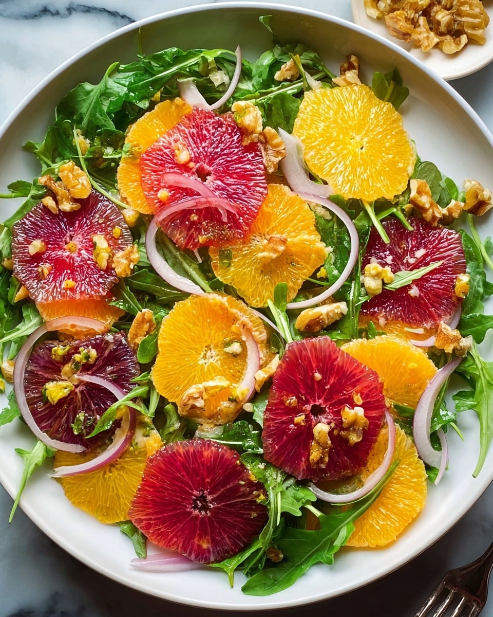 A colorful salad in a white round bowl sits on a white marbled surface. The base layer is made of fresh green arugula leaves, scattered evenly across the bowl. On top are bright citrus slices in three colors: deep red blood oranges, vibrant yellow oranges, and pale yellow grapefruits, all thinly sliced and slightly overlapping. Thin, curved strips of light purple onion are spread throughout, adding a delicate layer of texture and color contrast. Small pieces of chopped walnuts are sprinkled over the top, adding a crunchy element. The salad looks fresh and vibrant, with a mix of smooth citrus textures, soft greens, and crunchy nuts. Photo taken with an iphone --ar 4:5 --v 7