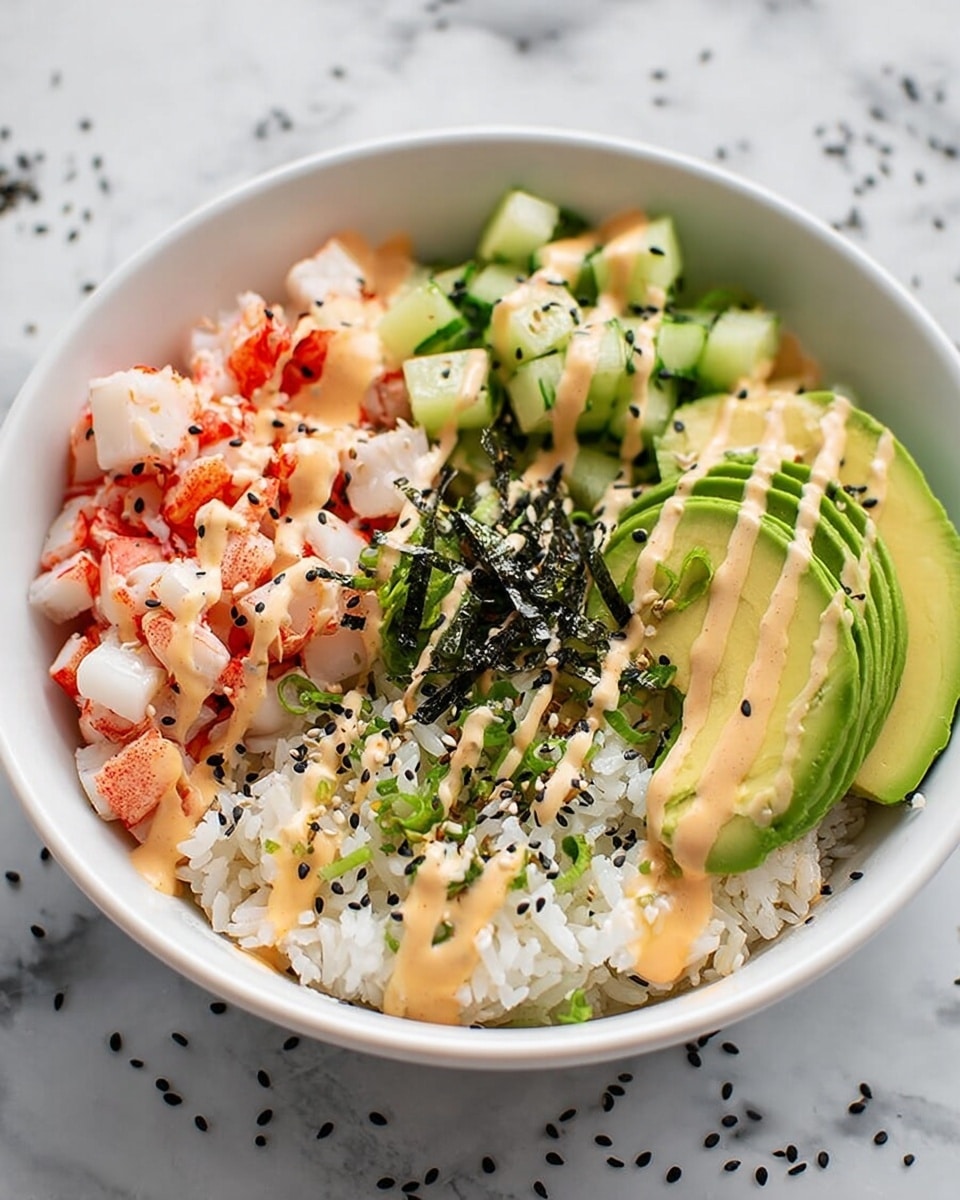 A white bowl filled with four neat sections of food: the back left has small, square pieces of white and red crab meat, the front left contains green cucumber chunks, the middle right is a bed of white rice sprinkled with green herbs and black sesame seeds, and the far right has sliced avocado fanned out in a curve. The whole bowl is drizzled with a light orange creamy sauce. The bowl sits on a white marbled surface with some scattered black sesame seeds around. Photo taken with an iphone --ar 4:5 --v 7