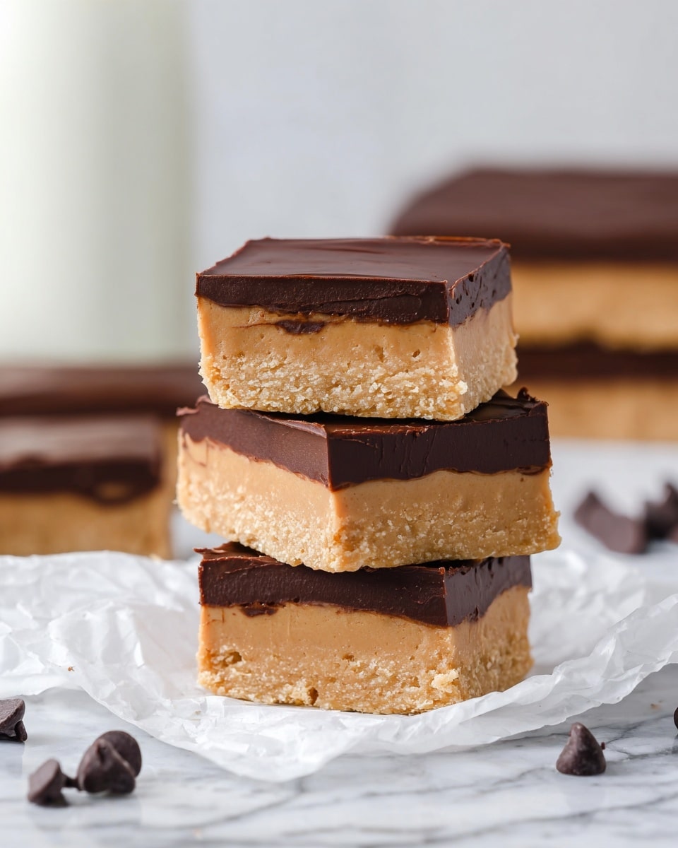 A stack of three thick rectangular bars is shown, each with two layers: a bottom creamy light brown layer with a slightly crumbly texture and a smooth, glossy dark chocolate layer on top. The bars are placed on crumpled white parchment paper, resting on a white marbled surface. Around the bars, a few dark chocolate chips are scattered. In the blurry background, more stacked bars and a tall glass of milk are visible. The scene is brightly lit, focusing clearly on the stacked bars. photo taken with an iphone --ar 4:5 --v 7