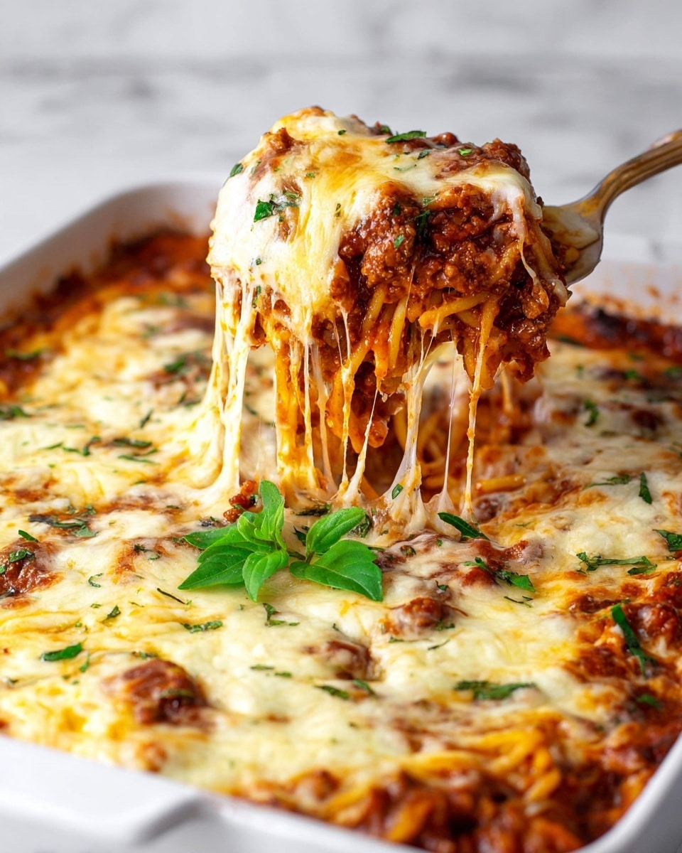 A close-up view of a layered baked spaghetti dish in a white baking dish on a white marbled surface, showing a fork lifting a portion. The bottom layer is spaghetti noodles mixed with a rich red meat sauce, topped with melted golden and white cheese stretching from the fork. Green herbs are sprinkled on top along with a small garnish of fresh green leaves at the center. The textures show gooey, melted cheese with browned spots over the thick meat sauce and tender pasta beneath. Photo taken with an iphone --ar 4:5 --v 7
