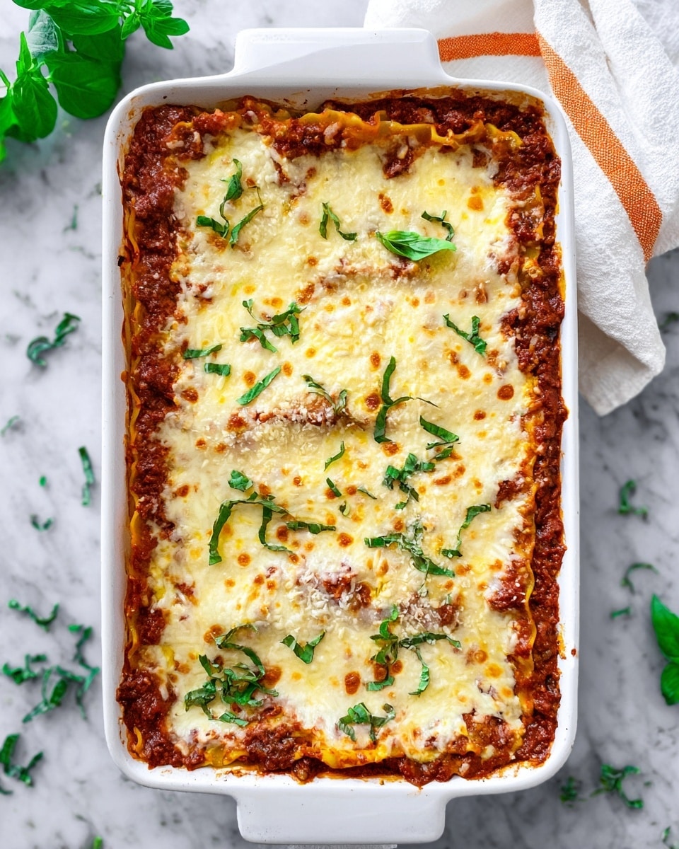 A rectangular white ceramic dish filled with baked lasagna, showing three visible layers: the bottom layer is a rich deep red tomato meat sauce, the middle layer is creamy and soft pasta sheets mixed with more sauce, and the top layer is a melted, slightly browned golden-white cheese sprinkled with fresh green herbs and basil leaves for garnish. The lasagna edges show bits of sauce and cheese baked to a light crust. The dish is placed on a white marbled surface with scattered green herb leaves nearby, and a white cloth with an orange stripe is partially visible in the top right corner. Photo taken with an iphone --ar 4:5 --v 7