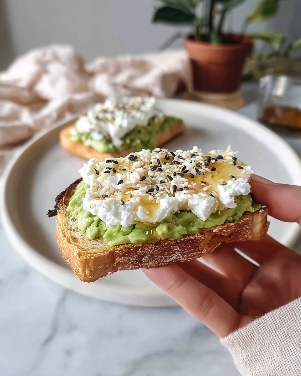 A woman's hand holds a slice of light golden brown toast with two thick layers: the bottom layer is a textured green avocado spread, and the top layer is fluffy white cottage cheese sprinkled with a mix of black and white sesame seeds and a drizzle of light golden honey. Behind it, a white plate holds another piece of toast with the same toppings, set on a white marbled surface with a soft cream-colored cloth and a plant pot in soft focus in the background. photo taken with an iphone --ar 4:5 --v 7