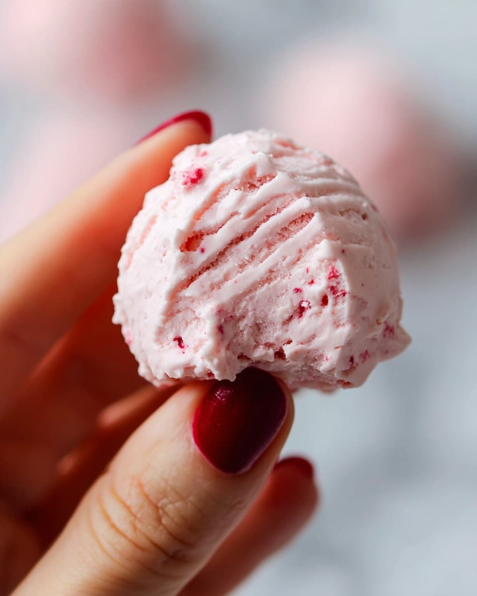 A close-up image of a light pink, creamy, soft textured scoop of dessert, possibly a mousse or whipped cream with tiny red berry bits mixed throughout, held between the fingers of a woman's hand with dark red painted nails, the creamy texture showing small ridges and a slightly rough bite taken from the front. The background is blurred with soft pink shapes against a white marbled surface. photo taken with an iphone --ar 4:5 --v 7