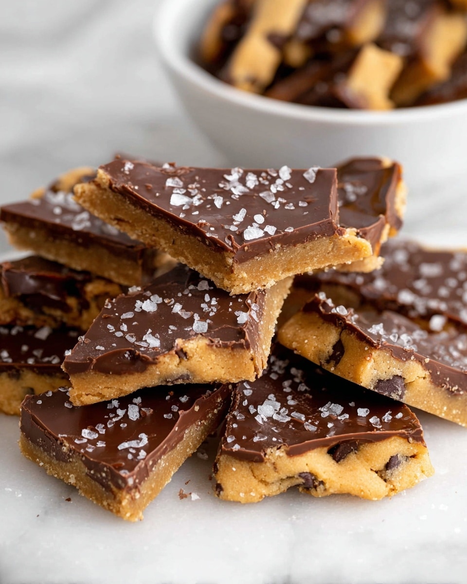 This image shows several pieces of a crunchy dessert stacked together on a white marbled surface. Each piece has two main layers: a thick, golden brown cookie base with visible chocolate chips embedded in it, topped with a smooth, shiny layer of dark brown chocolate sprinkled lightly with coarse white sea salt. The cookie layer appears crumbly with a rough texture, while the chocolate layer is solid and glossy. The pieces are irregularly shaped triangles and rectangles, overlapping each other to create a casual pile. In the background, there is a white bowl filled with more cookie pieces that appear similar. photo taken with an iphone --ar 4:5 --v 7