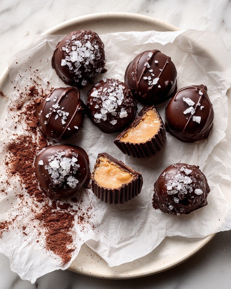 This image shows a close-up of a small chocolate candy with a bite taken out of it, revealing three layers inside. The outermost layer is smooth and dark brown chocolate with a shiny texture. Inside, there is a lighter brown caramel layer that looks gooey and soft. The innermost layer is creamy and beige, likely peanut butter or nougat. The candy sits on a white marbled surface, with a few other whole chocolates blurred in the background. photo taken with an iphone --ar 4:5 --v 7