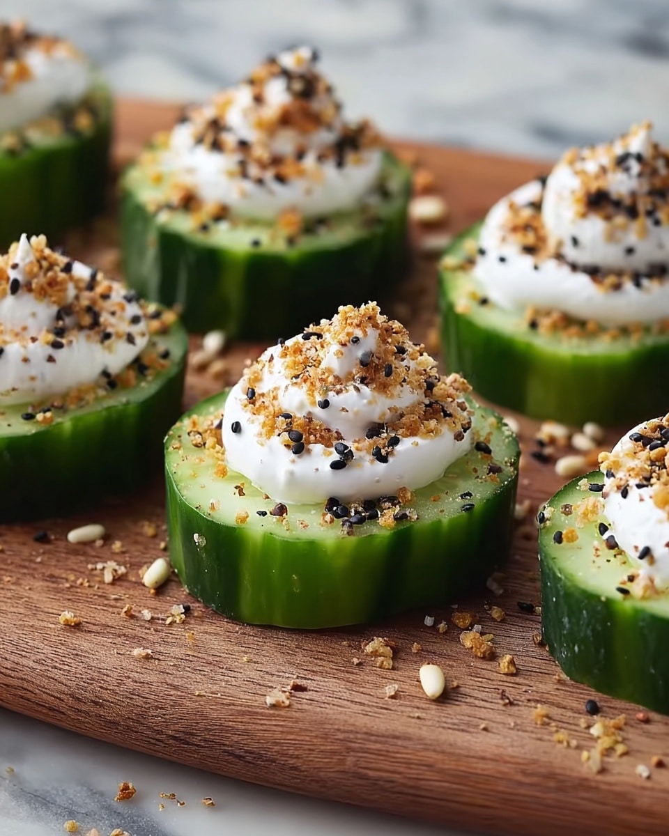 Slices of thick green cucumber serve as the base layer, each topped with a swirl of white creamy spread. The cream is sprinkled with a mix of black, white, and golden toasted seeds and crumbs, adding texture and color contrast. The cucumbers are arranged closely on a wooden board, with some seeds scattered around for a rustic feel. The background is changed to a white marbled texture. photo taken with an iphone --ar 4:5 --v 7