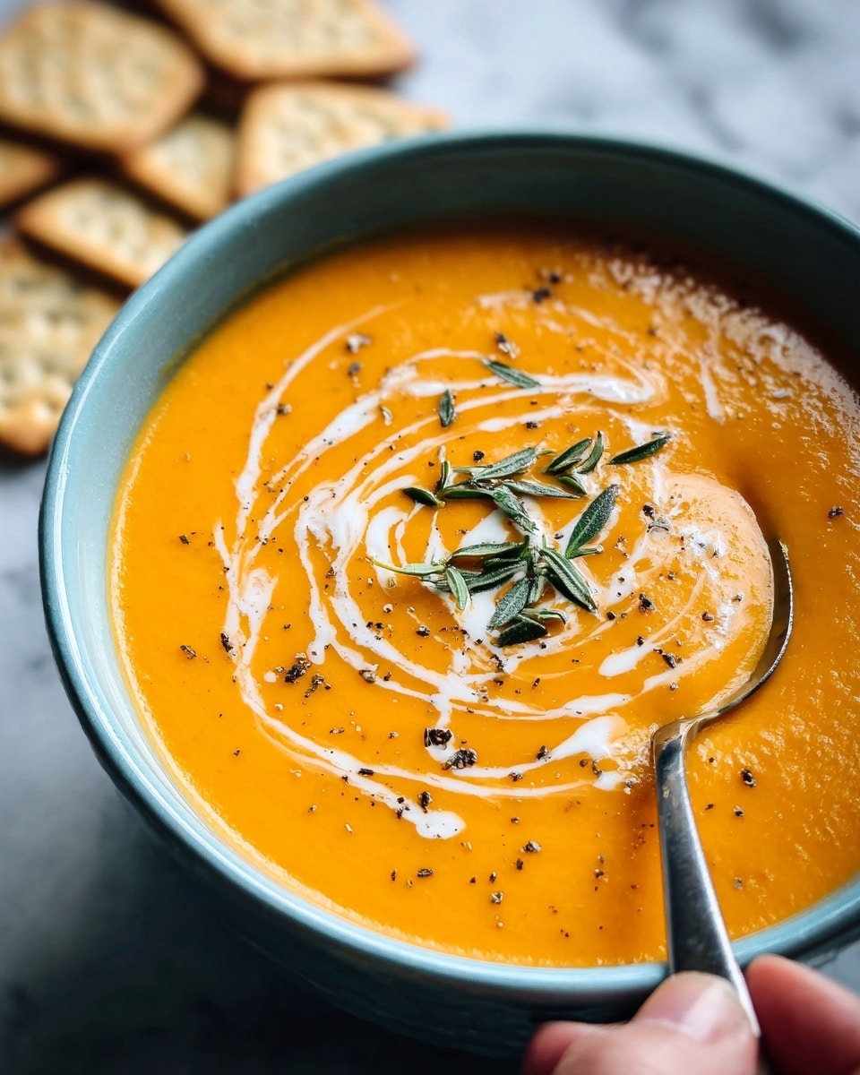 A close-up view of a creamy orange soup in a light blue bowl, filled nearly to the top. The soup has a smooth and thick texture, swirled on top with thin white cream lines that create a whirl pattern. In the center, fresh green herb sprigs are gently placed as garnish. Black pepper flakes are lightly scattered across the surface. A silver spoon is seen resting in the soup, held by a woman's hand on the right side of the image. In the blurred background, light brown crackers are arranged on a white marbled surface. photo taken with an iphone --ar 4:5 --v 7