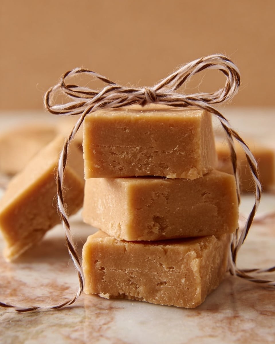 Three square pieces of light brown fudge are stacked on top of each other with visible crumbly texture and slight cracks. The top piece is tied with a thin brown and white string in a bow, with the string ends trailing off the stack. In the background, two more fudge pieces lie on a white marbled surface, slightly blurred. The lighting is warm, enhancing the soft, buttery look of the fudge. Photo taken with an iphone --ar 4:5 --v 7