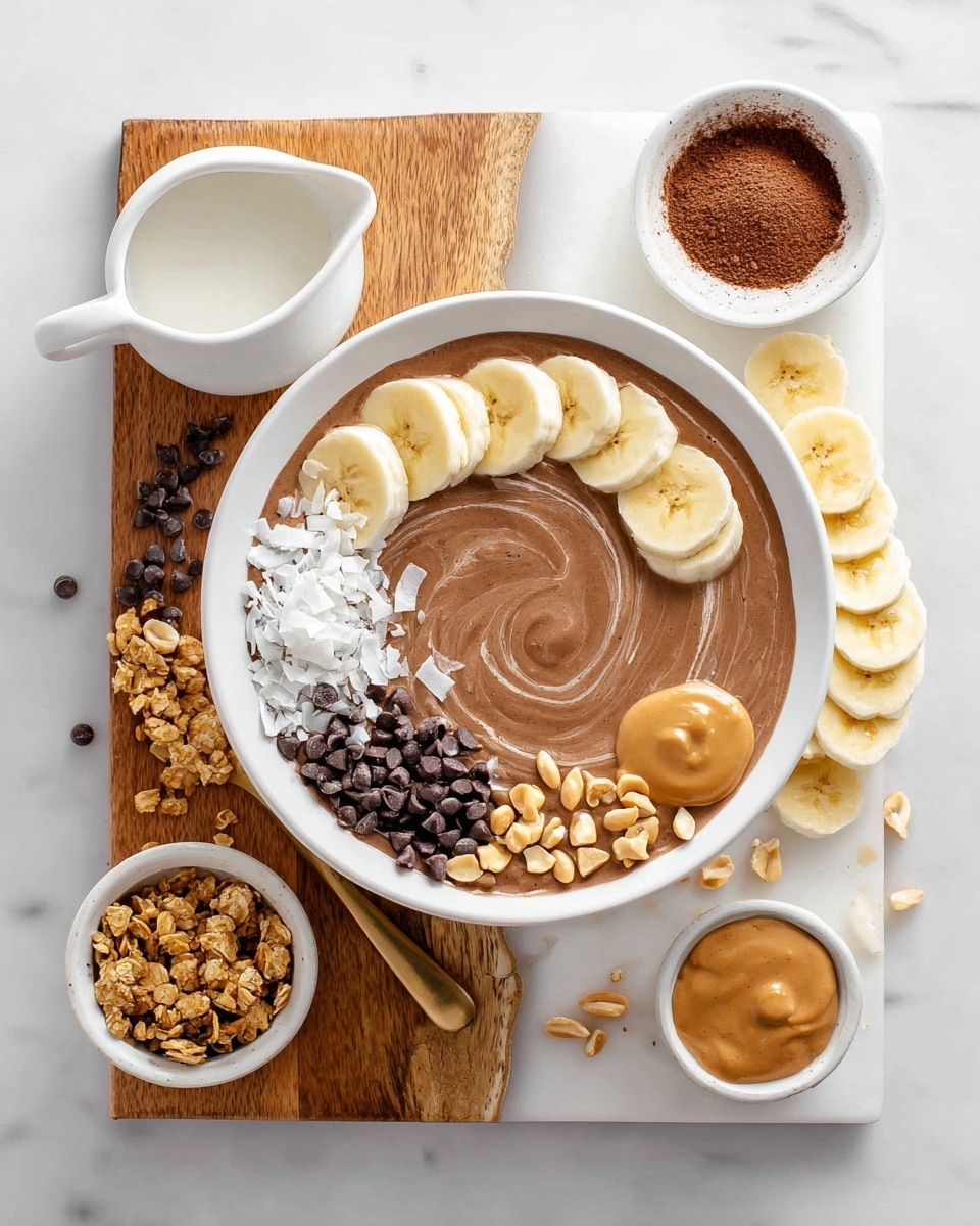 A white bowl filled with smooth, swirled chocolate smoothie base sits in the middle. On top, there are six organized sections: white coconut flakes on the top left, curved slices of yellow banana dusted with cocoa powder on the top right, creamy light brown peanut butter dollop on the right, light brown chopped peanuts below the peanut butter, dark brown chocolate chips on the lower left, and golden granola clusters on the far left. The bowl is placed on a white marbled board with a wooden section at the top right side. On this wooden part are a few banana slices, scattered peanuts, and chocolate chips. Around the bowl on the white marble, there is a small white pitcher with milk at the top left, a small white bowl with cocoa powder below the bowl, a small white bowl with peanut butter on the right, and some banana slices beside it. Photo taken with an iphone --ar 4:5 --v 7