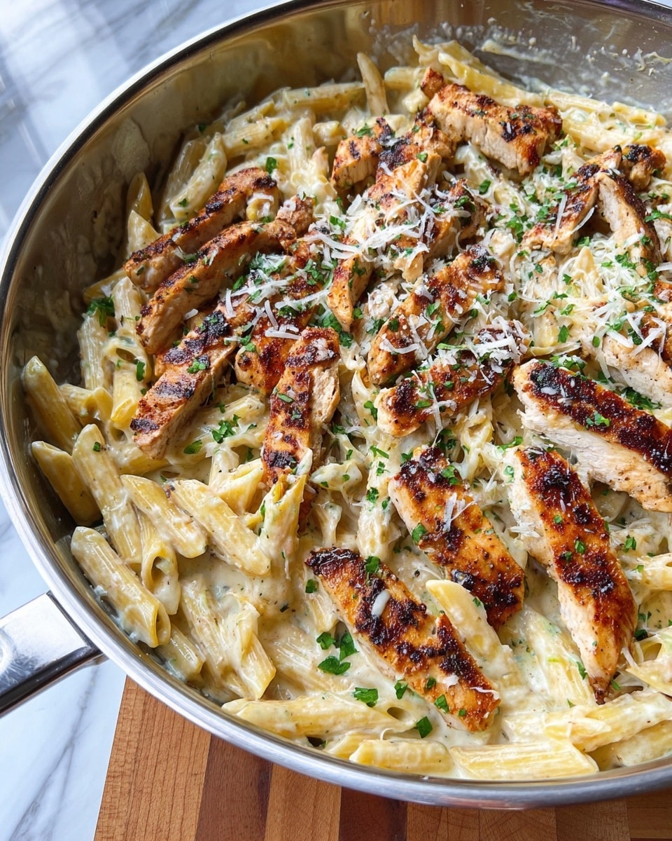 A white plate holds a creamy penne pasta dish mixed with grilled chicken strips, both coated in a light tan sauce with visible small green herb pieces scattered throughout. Shredded cheese and black pepper lightly cover the top layer, adding texture and color contrast. A black fork rests on the edge of the plate. In the background, a silver pan filled with the same pasta sits on a white marbled surface, along with a white cloth nearby. Photo taken with an iphone --ar 4:5 --v 7