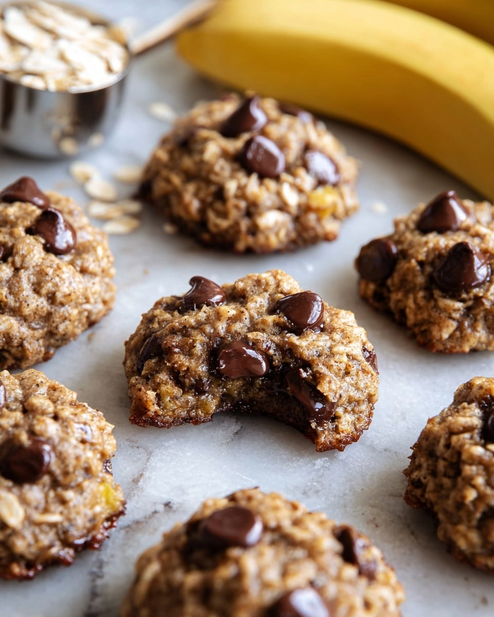 The image shows small round oatmeal cookies with visible chocolate chips and small yellow bits, likely banana pieces, scattered throughout. Each cookie has a rough, grainy texture from the oats, and the chocolate chips create deep brown shiny spots on the light brown cookie surface. One cookie in the front center is broken in half, revealing gooey melted chocolate and soft crumb inside. The cookies are placed directly on a white marbled texture surface, with a whole ripe banana slightly blurred in the background and part of a silver measuring cup with oats on the left side. The overall scene feels warm and inviting, emphasizing texture and natural ingredients. photo taken with an iphone --ar 4:5 --v 7
