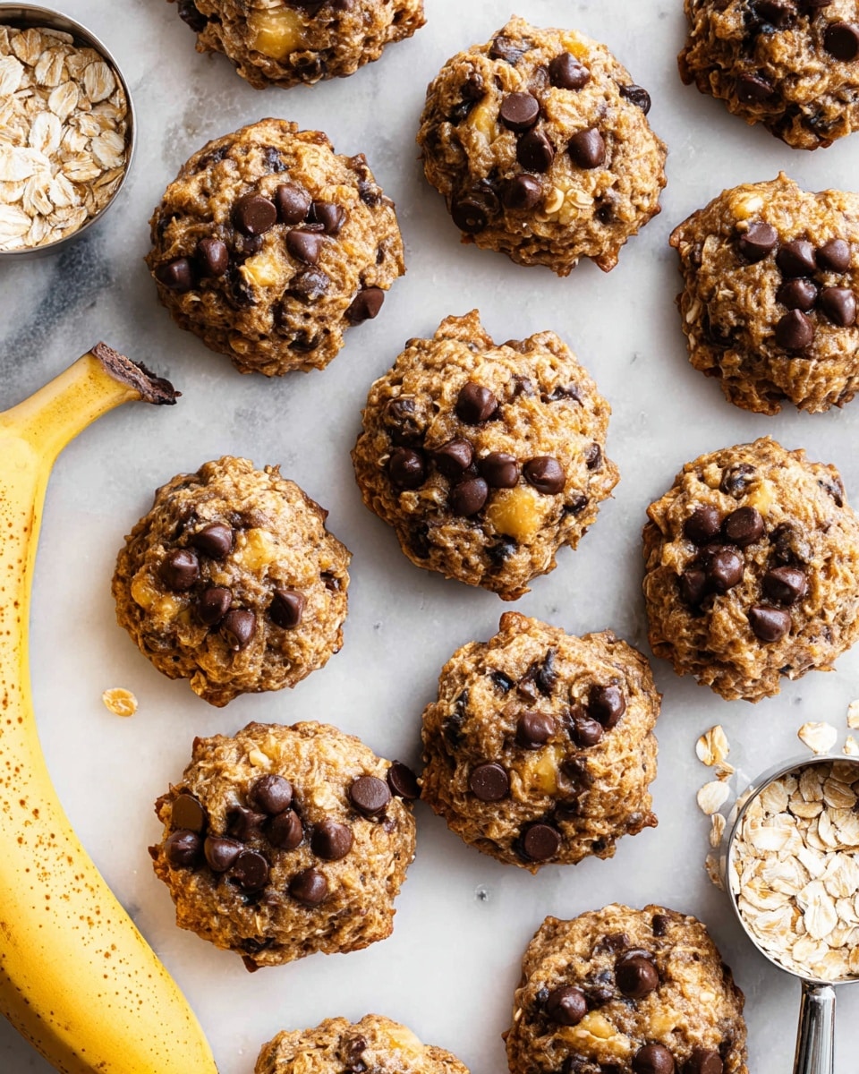 The image shows a group of round cookies scattered on a white marbled surface. Each cookie has a rough texture made from oats, with dark brown chocolate chips mixed into the dough. The cookies have light yellow patches, likely from mashed bananas, adding a soft contrast to the brown oats. The edges are uneven, giving a homemade look. Near the cookies, there is a whole ripe banana with brown spots and a silver scoop filled with uncooked oats, adding context to the ingredients used. photo taken with an iphone --ar 4:5 --v 7