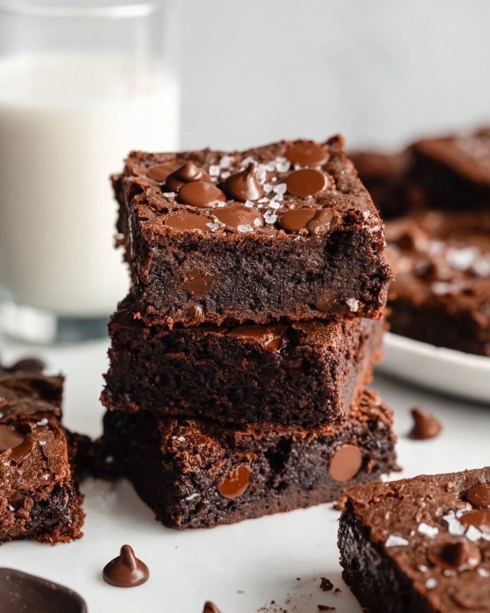 A close-up of a stack of three rich, dark chocolate brownies on a white marbled surface. Each brownie is thick and fudgy, with gooey melted chocolate chunks embedded on the top and inside, giving a shiny, smooth texture in spots. Flakes of white sea salt are sprinkled on the top brownie, adding contrast to the deep brown color. Scattered around the base are round dark chocolate pieces and a few cocoa beans, enhancing the chocolate theme. A frosted glass bottle with a black label is visible in the blurry background. The photo taken with an iphone --ar 4:5 --v 7